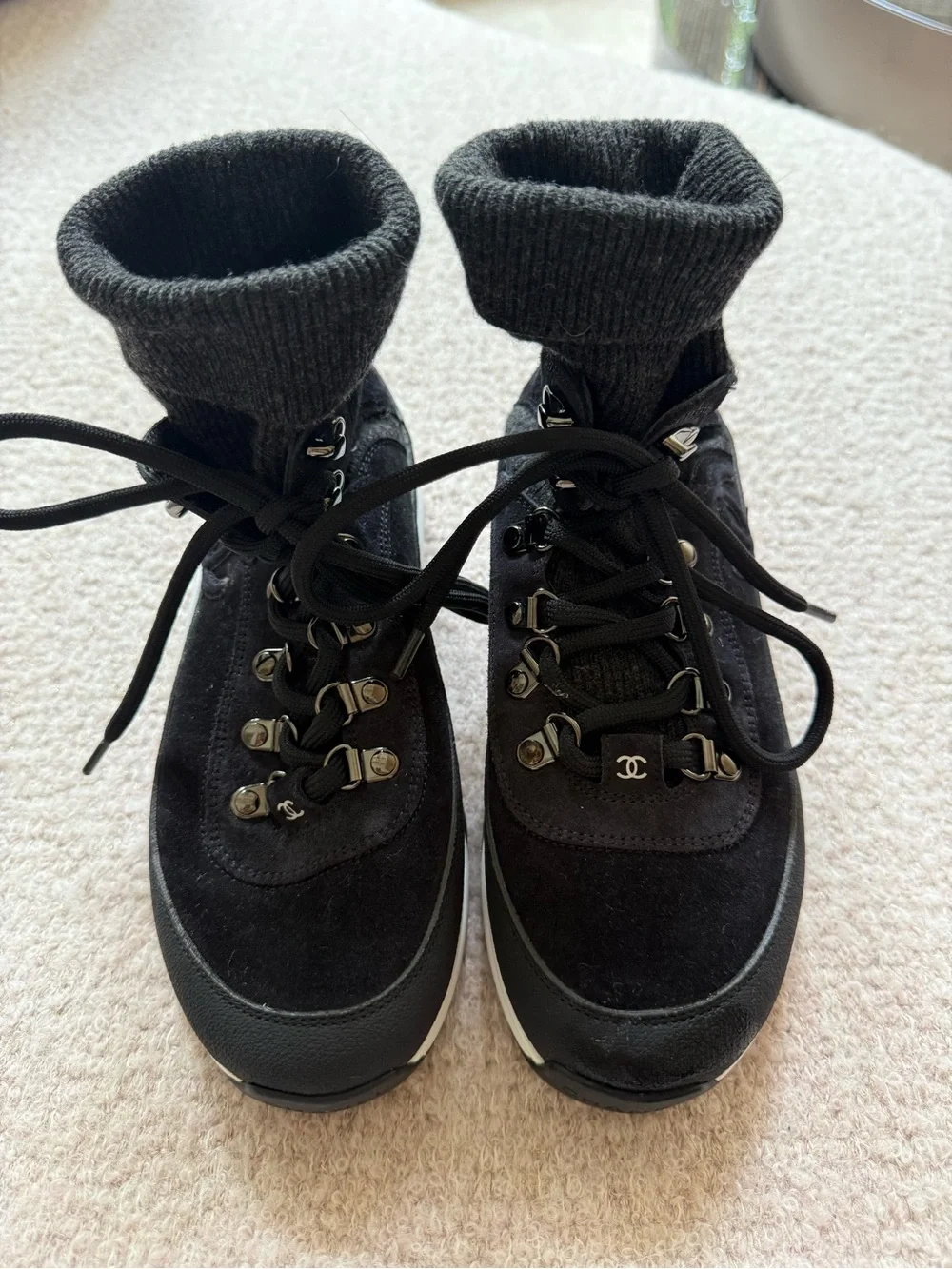 CHANEL NEW women’s  Black Suede Lace-Up Knit Cuff Boots new never worn